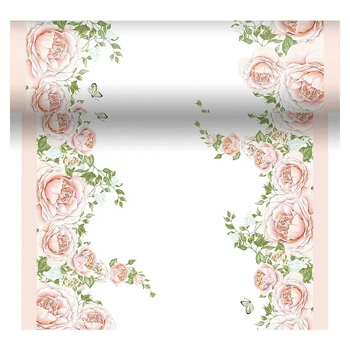 Duni Tischläufer Dunicel® 3 in 1 - 4,8 x 0,4 m, Rose Glory - Eine Stoffrolle mit einem zarten Rosenmuster, ideal für romantische Nähprojekte und Wohndekorationen.