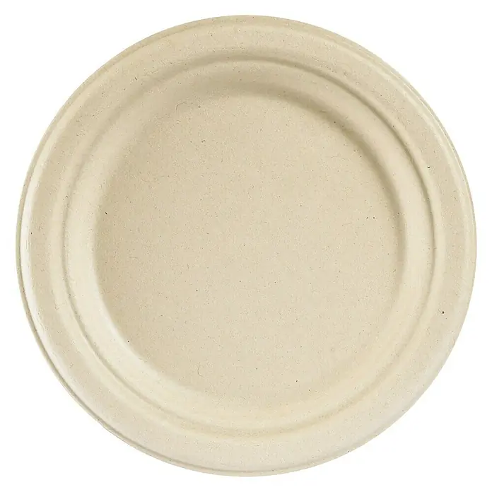 Duni Pappteller Bagasse - 10 Stk., Durchmesser: 18 cm, Zuckerrohrfaser - Ein runder, beiger Teller aus kompostierbarem Material, ideal für umweltfreundliche Veranstaltungen und Picknicks.