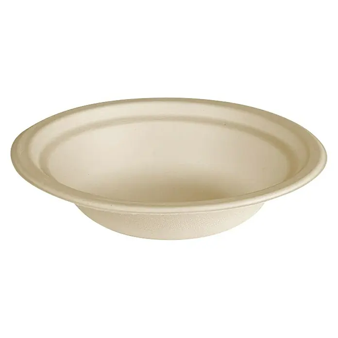 Duni Pappteller Suppenteller Bagasse - 10 Stk., Fassungsvermögen: 400 ml, Zuckerrohrfaser - Nahaufnahme einer Einweg-Papierschale mit breitem Rand vor schwarzem Hintergrund, ideal für umweltfreundliche Lebensmittelverpackungen.