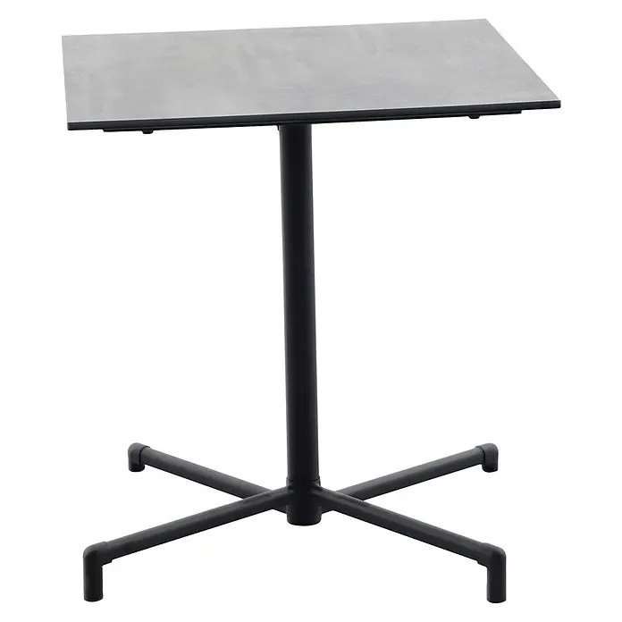 Sunfun Balkonmöbel-Set Melina - 3 -tlg., HPL/Stahl/PE-Geflecht, Schwarz/Braun, Gartentisch klappbar - Ein stilvoller, moderner Stehtisch mit einer quadratischen, grauen Tischplatte und einem schwarzen Metallfuß. Ideal für Büros oder Veranstaltungen.