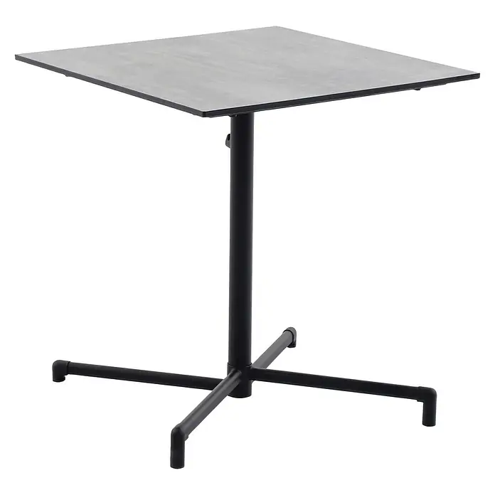 Sunfun Balkonmöbel-Set Melina - 3 -tlg., HPL/Stahl/PE-Geflecht, Schwarz/Braun, Gartentisch klappbar - Ein quadratischer Stehtisch in dunklem Grau/Schwarz. Das minimalistische Design mit Stahlfuß sorgt für einen modernen Look.