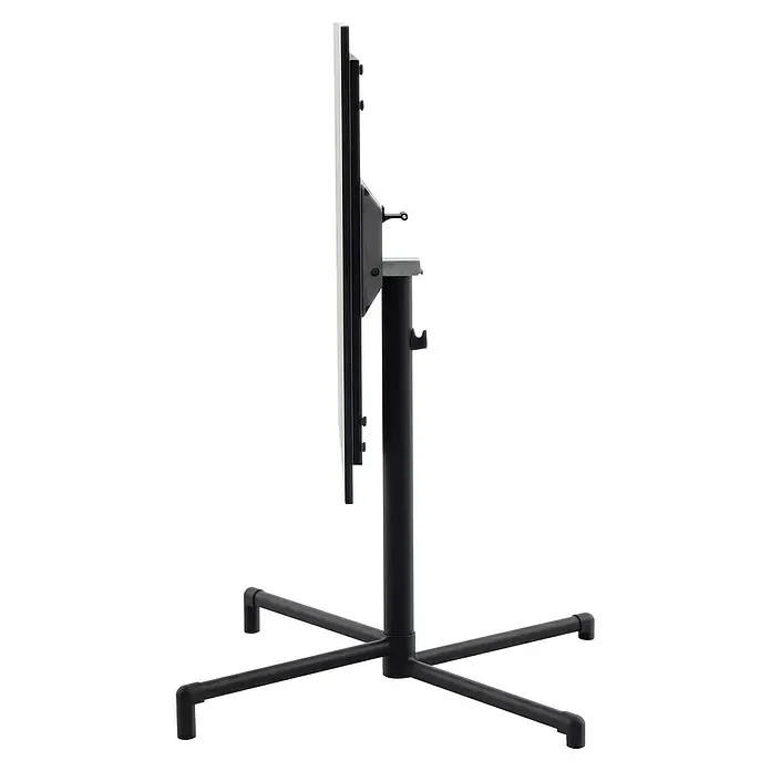Sunfun Balkonmöbel-Set Melina - 3 -tlg., HPL/Stahl/PE-Geflecht, Schwarz/Braun, Gartentisch klappbar - Seitenansicht eines Flipcharts mit schwarzem Ständer und weißer Schreibfläche, ideal für Präsentationen und Brainstorming in Büros.