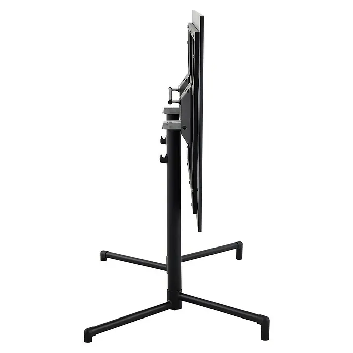 Sunfun Balkonmöbel-Set Melina - 3 -tlg., HPL/Stahl/Streckmetall, Schwarz, Gartentisch klappbar - Seitenansicht eines schwarzen, freistehenden Monitorständers, ideal für Präsentationen und flexible Arbeitsbereiche.