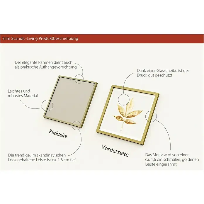 ProArt Bild Slim Scandic - Golden Leaf I, B x H: 33 x 33 cm - Elegante Slim Scandic-Living Bilderrahmen mit einer Tiefe von 1,8 cm, Rück- und Vorderseite mit goldenem Blattmotiv werden gezeigt.