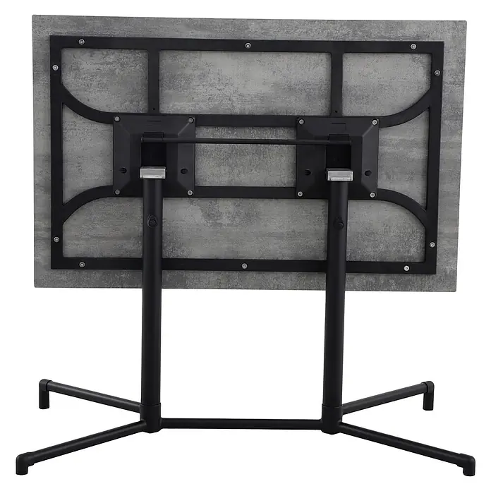 Sunfun Melina Gartentisch - L x B x H: 110 x 70 x 73 cm, Stahl, HPL, Rechteckig, Schwarz - Ansicht des Klapptisches von unten, der die graue Tischplatte und das schwarze Metallgestell mit Schraubenbefestigungen zeigt.