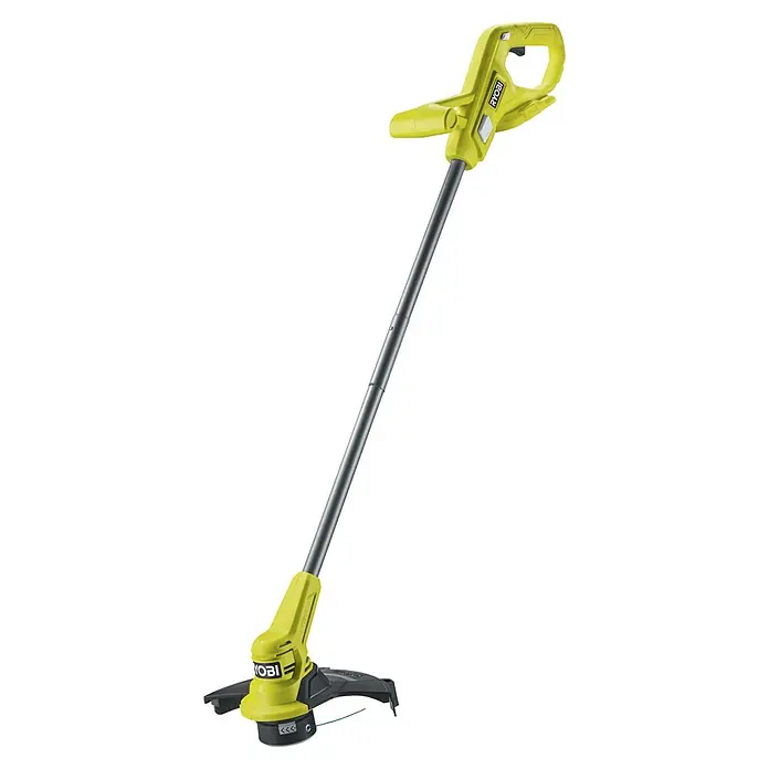 Ryobi ONE+ Akku-Rasentrimmer RY18LT23A-0 - 18 V, Li-Ionen, Ohne Akku - Ryobi Akku-Rasentrimmer mit gelbem Griff und schwarzem Schaft vor schwarzem Hintergrund. Kabelloses Gartengerät für präzise Rasenpflege.