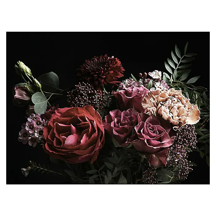 ProArt Young Living Leinwandbild - Barock Flowers III, B x H: 80 x 60 cm - Prächtiger Blumenstrauß mit Rosen, Nelken und Chrysanthemen in dunklen Rottönen, ideal für elegante Dekorationen und besondere Anlässe.