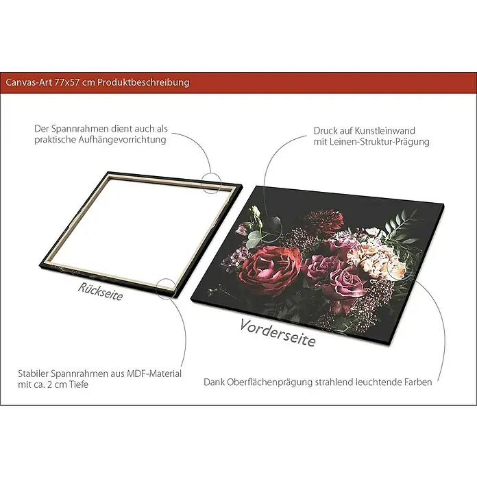 ProArt Young Living Leinwandbild - Barock Flowers III, B x H: 80 x 60 cm - Leinwandbild 77x57 cm: Rückseite mit Spannrahmen und Vorderseite mit Blumendruck auf Kunstleinwand mit Leinenstruktur.