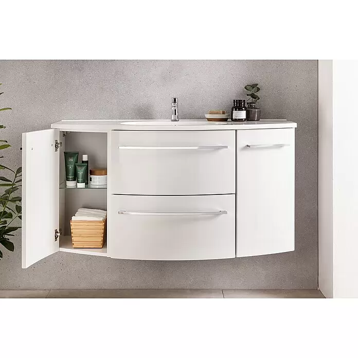 Camargue Swing Waschtischunterschrank - 119,2 x 44,1 x 63 cm, Weiß - Weißer glänzender Badunterschrank mit Waschbecken, offenem Fach (Produkte, Handtücher) und zwei Schubladen mit Chromgriffen.