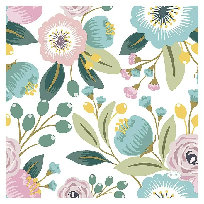 Duni Serviette - 20 Stk., 33 x 33 cm, Blossoms - Ein florales Muster mit pastellfarbenen Blumen und grünen Blättern auf einem weißen Hintergrund. Perfekt für Tischdekorationen oder Partyzubehör.