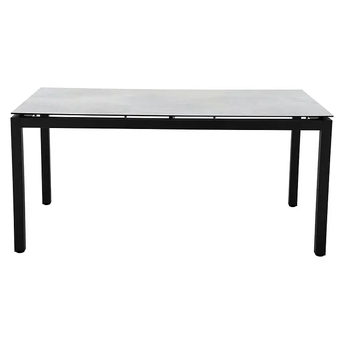 Sunfun Melina Gartentisch - L x B x H: 160 x 90 x 74 cm, Aluminium, HPL, Rechteckig, Schwarz - Abbildung eines Esstisches mit schwarzem Gestell und einer hellen Tischplatte. Perfekt für stilvolle Esszimmer oder moderne Küchen.
