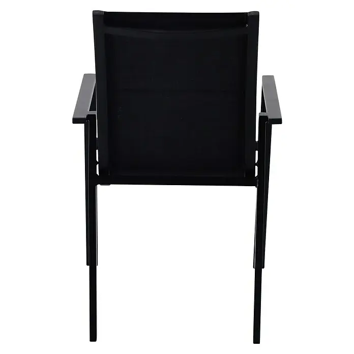 Sunfun Melina Gartensessel - Aluminium, Textilen, Stapelbar, Schwarz, B x T x H: 56,5 x 66 x 91 cm - Rückansicht eines schwarzen Gartenstuhls mit Armlehnen. Das Design ist modern und schlicht, ideal für den Außenbereich.