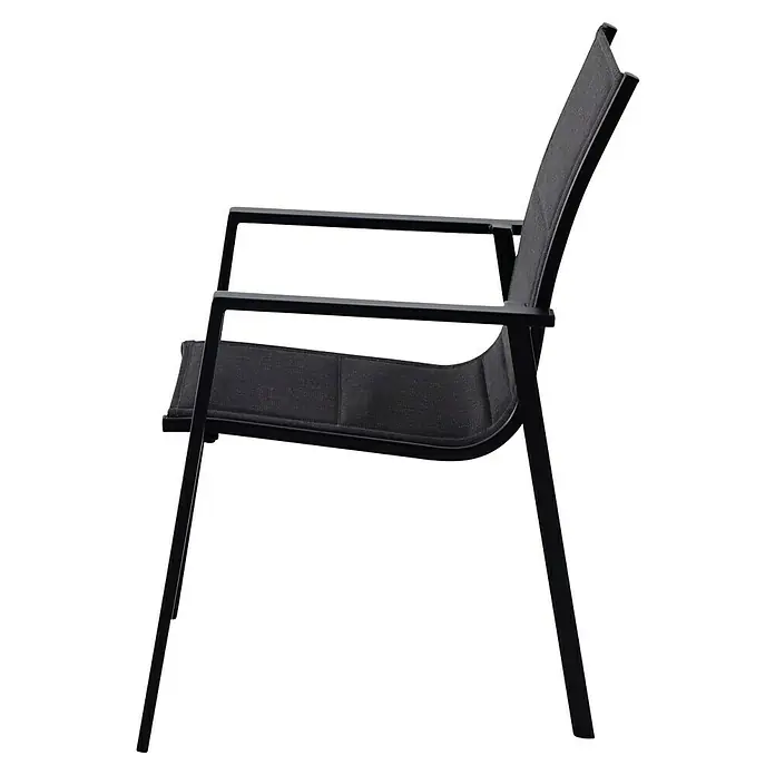 Sunfun Melina Gartensessel - Aluminium, Textilen, Stapelbar, Schwarz, B x T x H: 56,5 x 66 x 91 cm - Schwarzer Terrassenstuhl aus Metall und Stoff. Der Stuhl verfügt über Armlehnen und ein schlichtes Design, ideal für den Außenbereich.