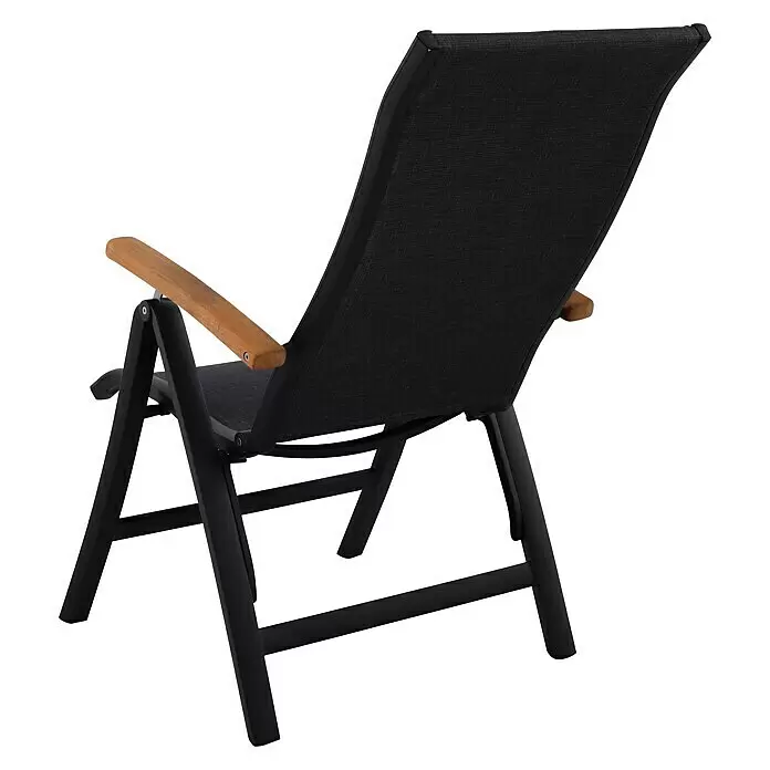 Sunfun Melina Sillón de posiciones - Negro, Teca/Textiline/Aluminio, Respaldo regulable - Silla plegable negra para jardín con reposabrazos de madera, vista desde la parte trasera derecha.
