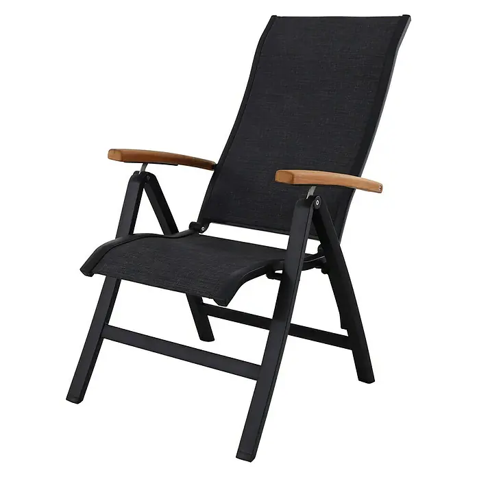 Sunfun Melina Sillón de posiciones - Negro, Teca/Textiline/Aluminio, Respaldo regulable - Elegante silla plegable negra con reposabrazos de madera. Asiento cómodo y elegante para el jardín o el patio.