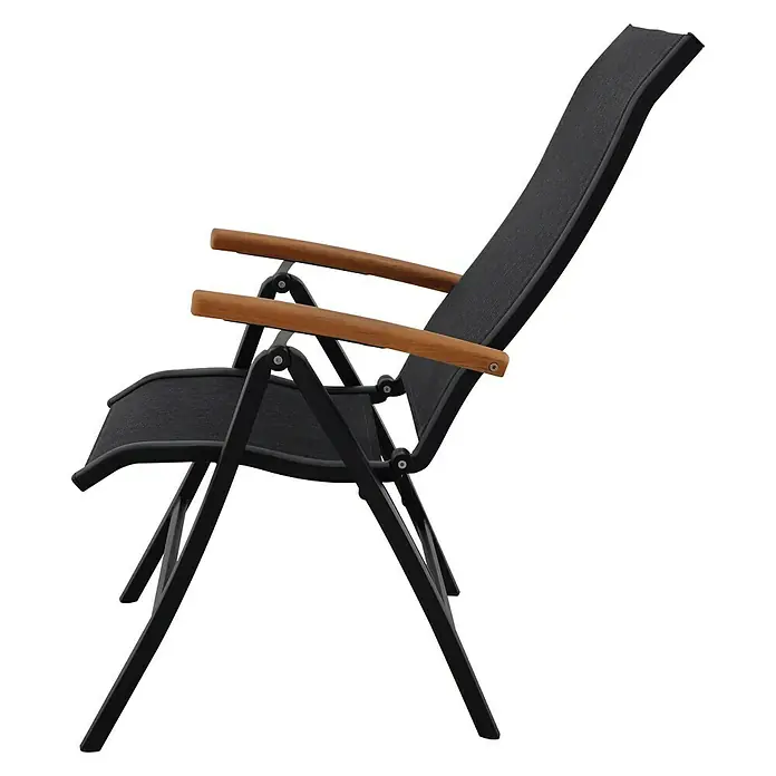 Sunfun Melina Sillón de posiciones - Negro, Teca/Textiline/Aluminio, Respaldo regulable - Elegante silla plegable negra con reposabrazos de madera, ideal para jardín o patio.