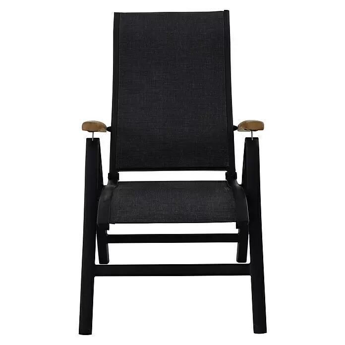 Sunfun Melina Sillón de posiciones - Negro, Teca/Textiline/Aluminio, Respaldo regulable - Silla de exterior gris oscuro y negra con reposabrazos de madera, vista frontal.