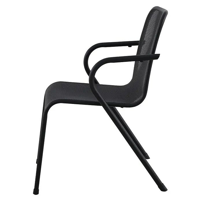 Sunfun Melina Gartensessel - Stahl, Streckmetall, Stapelbar, Schwarz, B x T x H: 52 x 66,5 x 82 cm - Abgebildeter schwarzer Gartenstuhl. Das Design des Stuhls ist modern und minimalistisch und bietet Komfort für den Außenbereich.