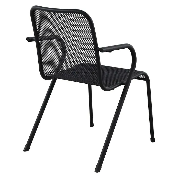 Sunfun Melina Gartensessel - Stahl, Streckmetall, Stapelbar, Schwarz, B x T x H: 52 x 66,5 x 82 cm - Nahaufnahme eines schwarzen Metallstuhls mit Armlehnen und Netzrückenlehne.
