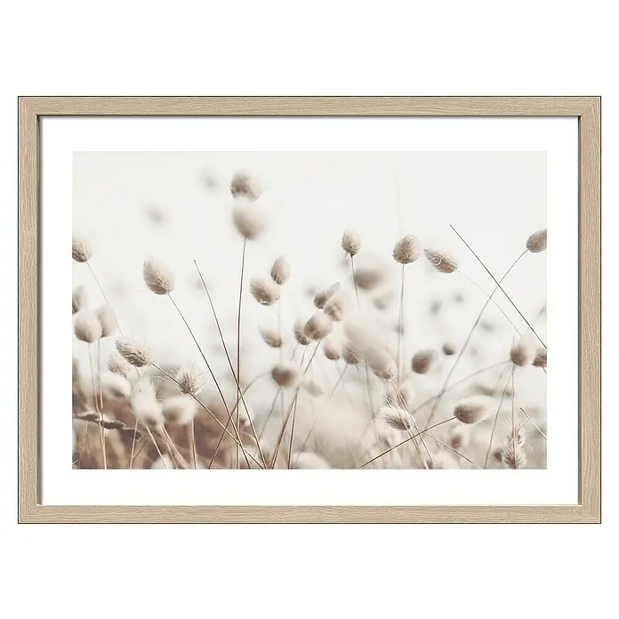 ProArt Bild Scandic Style - Dried Fiber in the Wind II, B x H: 53 x 73 cm - Ein gerahmtes Kunstwerk mit zarten, beigen Gräsern, die eine ruhige und natürliche Atmosphäre ausstrahlen. Das helle Holz des Rahmens ergänzt das Bild perfekt.