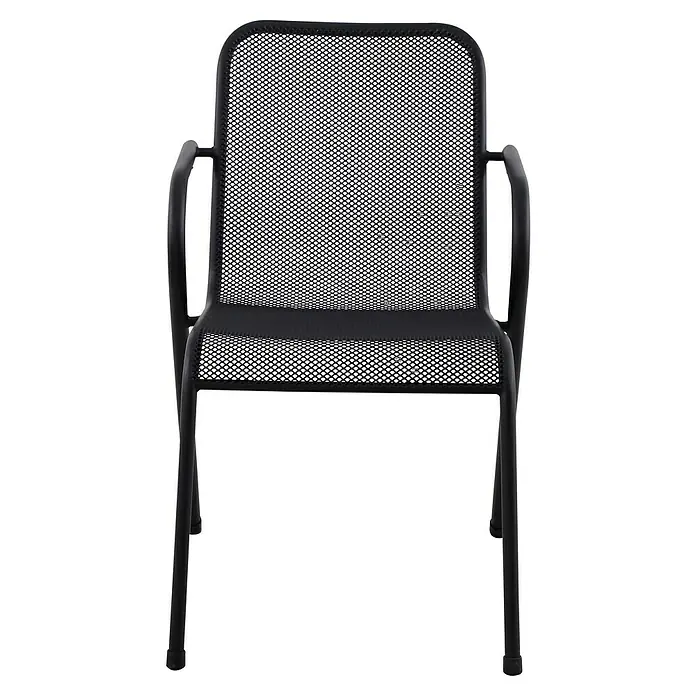 Sunfun Melina Gartensessel - Stahl, Streckmetall, Stapelbar, Schwarz, B x T x H: 52 x 66,5 x 82 cm - Das Bild zeigt einen stilvollen schwarzen Netzstuhl mit Armlehnen, ideal für moderne Büros oder Wartebereiche. Das Design ist minimalistisch und elegant.