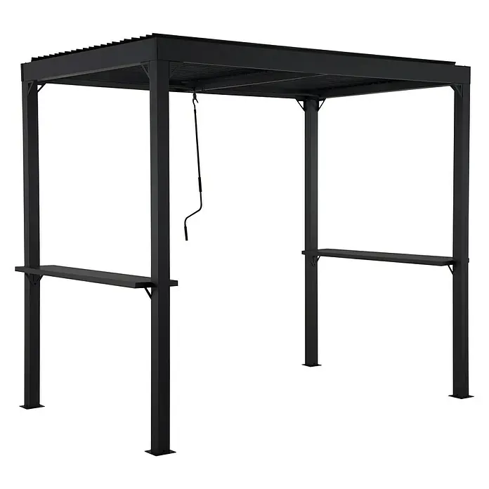 Sunfun Melina Pérgola para barbacoa - An x Pr: 250 x 160 cm, Color del armazón: Negro, Aluminio - Imagen de una pérgola negra con estantes, ideal para uso exterior y un diseño elegante de jardín.