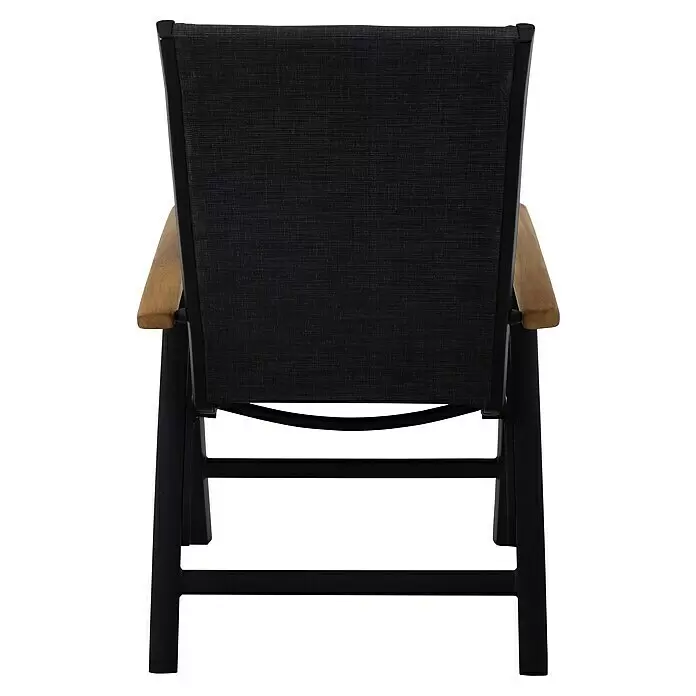 Sunfun Melina Sillón de posiciones - Negro, Teca/Textiline/Aluminio, Respaldo regulable - Vista trasera de una silla de malla negra con estructura metálica negra y reposabrazos de madera.