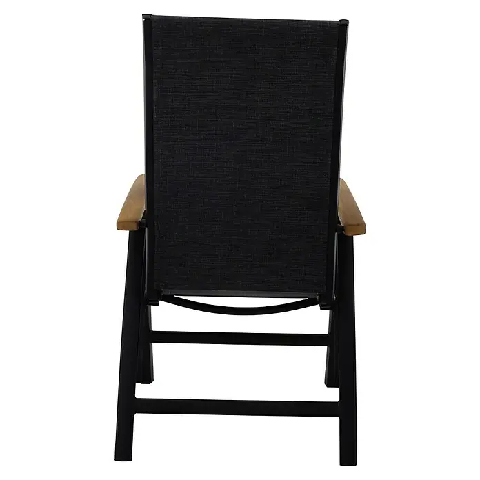 Sunfun Melina Sillón de posiciones - Negro, Teca/Textiline/Aluminio, Respaldo regulable - Silla de jardín con tapicería de tela negra y reposabrazos de madera clara, aspecto robusto y moderno para exteriores.
