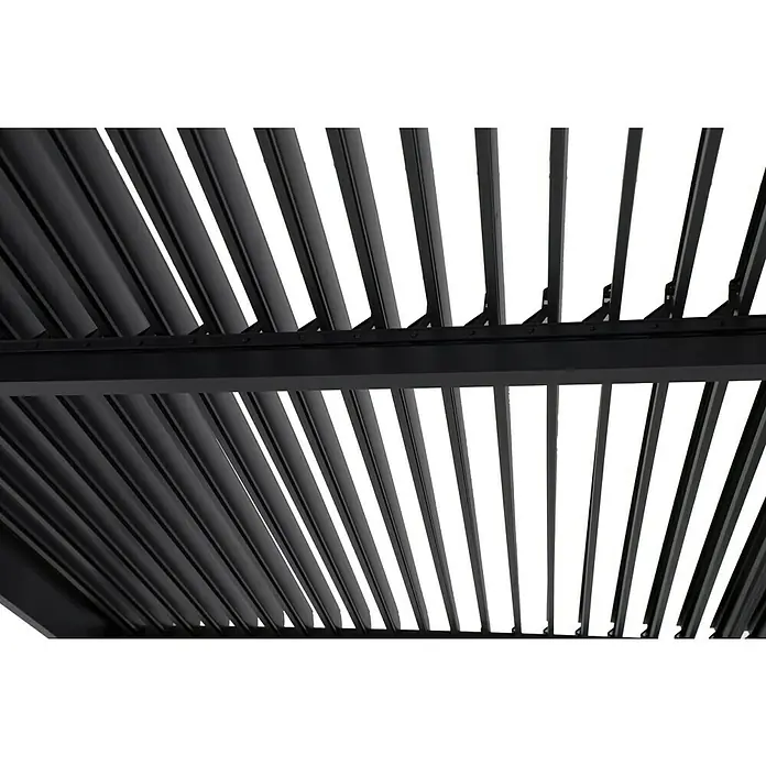 Sunfun Melina Grillpavillon - B x T: 250 x 160 cm, Farbe Gestell: Schwarz, Aluminium - Das Bild zeigt eine Pergola mit Lamellen, die für Schatten sorgt und eine moderne Optik bietet. Sie ist aus schwarzem Metall gefertigt.