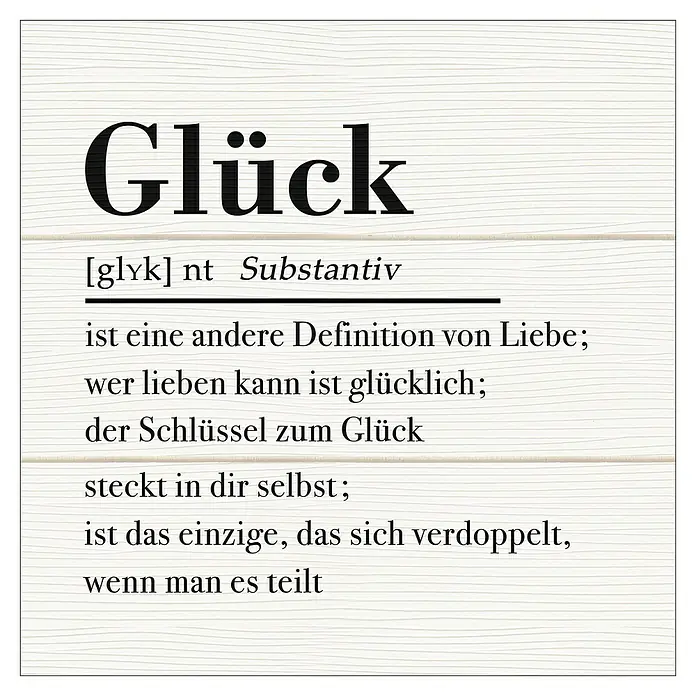ProArt Type Hype Decopanel - Glück, B x H: 30 x 30 cm - Eine stilisierte Darstellung des Wortes "Glück" mit Definition und Interpretationen auf einem dekorativen Hintergrund.