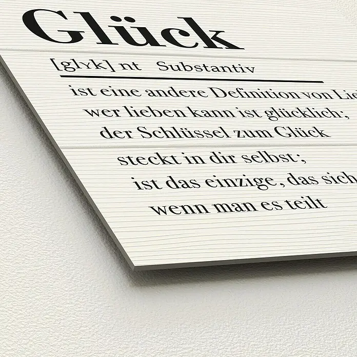 ProArt Type Hype Decopanel - Glück, B x H: 30 x 30 cm - Holzschild mit der Definition von "Glück", inklusive Aussprache und Bedeutung, eine dekorative Wandkunst, die zum Nachdenken anregt.