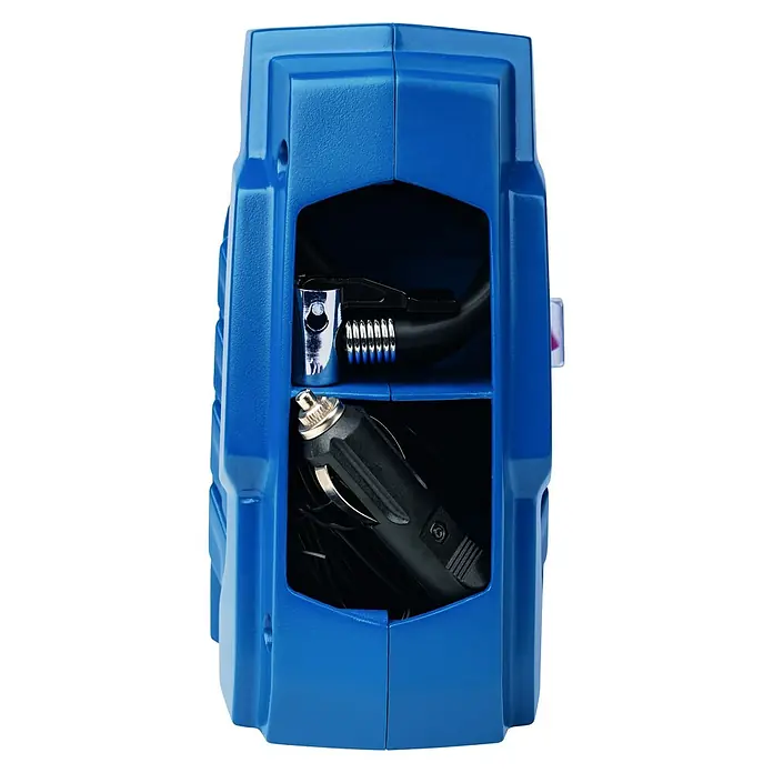 Scheppach Kompressor Air Force 5 - Max. Druck: 8 bar - Blaue tragbare Luftpumpe mit Zubehörfächern für Schlauch und Stecker. Ideal für unterwegs zum Aufpumpen von Reifen und Bällen.