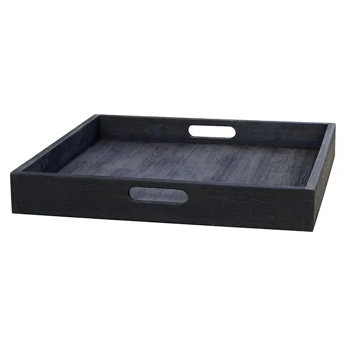 Sunfun Laura Tablett - 50 x 50 x 7 cm, Holz, Mattschwarz - Eine rechteckige Servierplatte aus dunklem Holz mit Griffen an zwei Seiten, die sich ideal für den Transport von Speisen eignet.