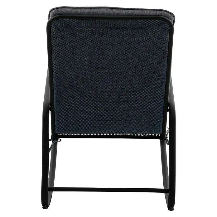 Sunfun Melina Garten-Schaukelstuhl - Stahl, Streckmetall, Schwarz, B x T x H: 58,5 x 92 x 91 cm - Nahaufnahme der Rückseite eines schwarzen Gartenstuhls mit einem gepolsterten Sitz und einer atmungsaktiven Netzstruktur.