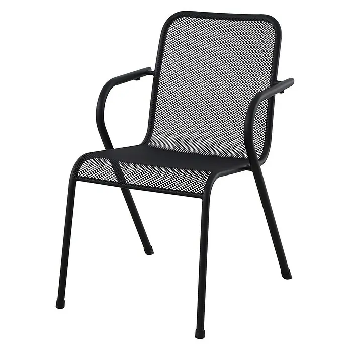 Sunfun Balkonmöbel-Set Melina - 3 -tlg., HPL/Stahl/Streckmetall, Schwarz, Gartentisch klappbar - Schwarzer Armlehnstuhl aus Metall mit Netzstruktur für den Außenbereich. Das Möbelstück ist stabil und wetterfest.