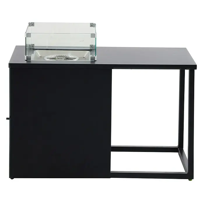 MWH Feuerstelle Palermo - 55 x 100 x 79 cm, Aluminium, Schwarz - Aufnahme eines modernen schwarzen Terrassenfeuertisches mit Windschutz aus Glas für einen Hauch von Eleganz im Außenbereich.