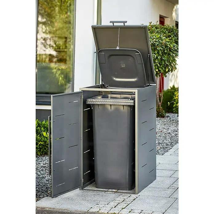 Sunfun Mülltonnenbox - B x T: 67 x 81,5 cm, Anthrazit, Stahl, Geeignet für Anzahl Mülltonnen: 1 Stk. - Mülltonnenbox mit Tür und Deckel geöffnet, um eine graue Mülltonne zu zeigen. Perfekt für die diskrete Müllentsorgung im Freien.