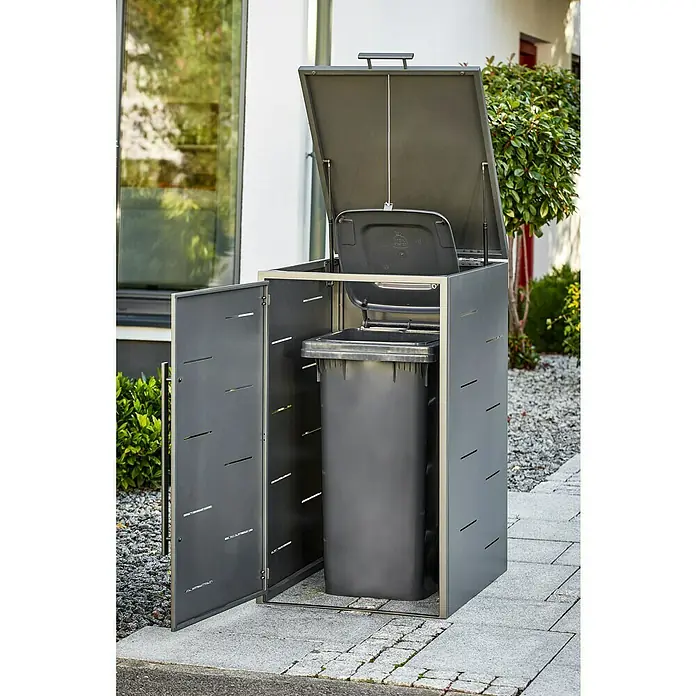 Sunfun Mülltonnenbox - B x T: 67 x 81,5 cm, Anthrazit, Stahl, Geeignet für Anzahl Mülltonnen: 1 Stk. - Mülltonnenbox aus Metall mit geöffneter Tür und Deckel.