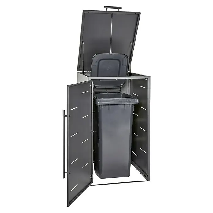 Sunfun Mülltonnenbox - B x T: 67 x 81,5 cm, Anthrazit, Stahl, Geeignet für Anzahl Mülltonnen: 1 Stk. - Abfalltonnenbox aus Metall mit geöffneter Tür und Deckel, zur stilvollen Aufbewahrung von Mülltonnen im Außenbereich.