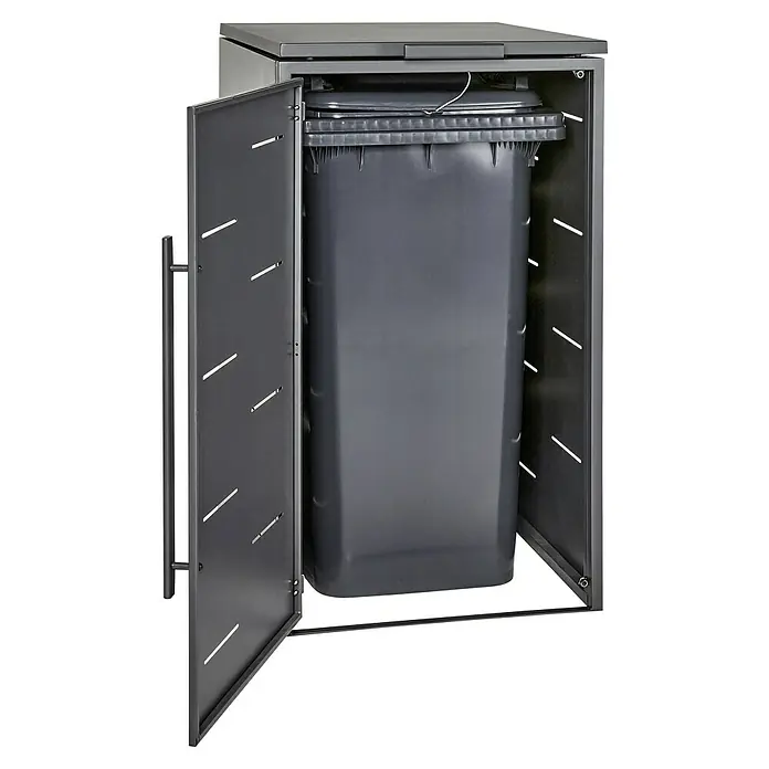 Sunfun Mülltonnenbox - B x T: 67 x 81,5 cm, Anthrazit, Stahl, Geeignet für Anzahl Mülltonnen: 1 Stk. - Ein grauer Mülltonnenbox mit einer grauen Mülltonne im Inneren, die Tür ist geöffnet.
