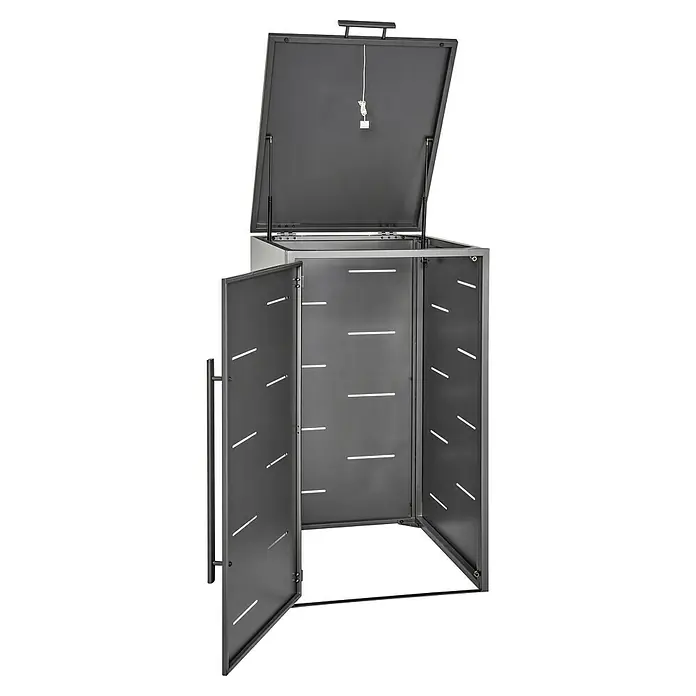 Sunfun Mülltonnenbox - B x T: 67 x 81,5 cm, Anthrazit, Stahl, Geeignet für Anzahl Mülltonnen: 1 Stk. - Abfalltonnenbox aus Metall mit Deckel und zwei geöffneten Türen, ideal für die Aufbewahrung im Außenbereich.