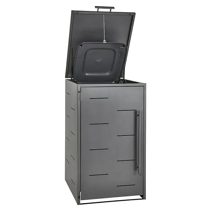 Sunfun Mülltonnenbox - B x T: 67 x 81,5 cm, Anthrazit, Stahl, Geeignet für Anzahl Mülltonnen: 1 Stk. - Ein grauer Mülltonnenbox für den Außenbereich mit offenem Deckel und Griff an der Tür zur einfachen Müllentsorgung.