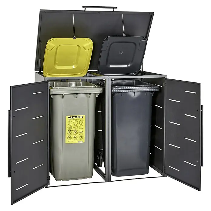 Sunfun Mülltonnenbox - Anthrazit, Stahl, Geeignet für Anzahl Mülltonnen: 2 Stk. - Das Bild zeigt einen Mülltonnenbox für zwei Mülltonnen mit Deckel und Türen. Die Box ist aus Metall gefertigt und in Schwarz gehalten.
