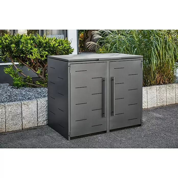 Sunfun Mülltonnenbox - Anthrazit, Stahl, Geeignet für Anzahl Mülltonnen: 2 Stk. - Dunkelgrauer Metall-Außenlagerbehälter mit zwei Türen und Klappdeckel, mit horizontalen Lüftungsschlitzen auf Asphalt.