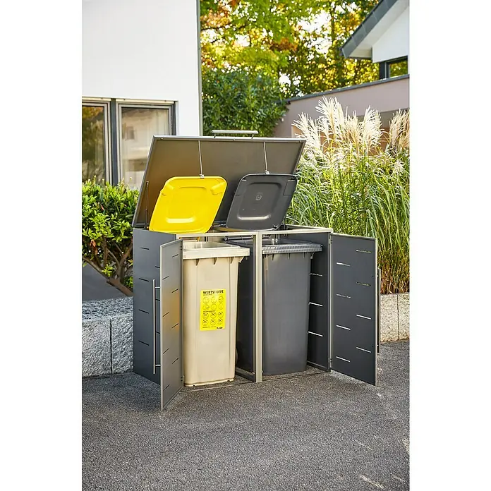 Sunfun Mülltonnenbox - Anthrazit, Stahl, Geeignet für Anzahl Mülltonnen: 2 Stk. - Mülltonnenbox aus Metall für zwei Mülltonnen mit geöffneten Türen und Deckeln.