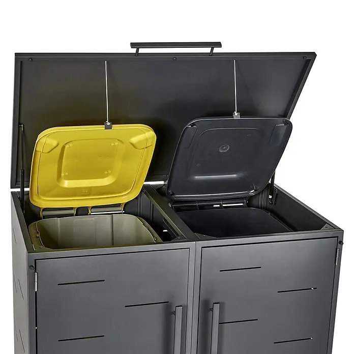 Sunfun Mülltonnenbox - Anthrazit, Stahl, Geeignet für Anzahl Mülltonnen: 2 Stk. - Ein Mülltrennsystem mit zwei Fächern, eines mit gelbem Deckel und das andere mit schwarzem, zur einfachen Mülltrennung im Haushalt.
