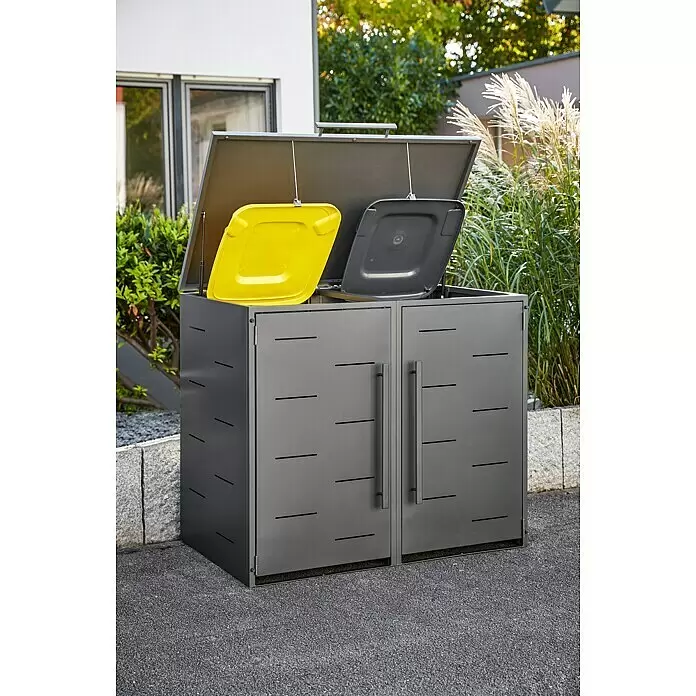 Sunfun Mülltonnenbox - Anthrazit, Stahl, Geeignet für Anzahl Mülltonnen: 2 Stk. - Dunkelgraue Mülltonnenbox aus Metall mit geöffnetem Deckel, der eine gelbe und eine graue Tonne zum Sortieren zeigt.