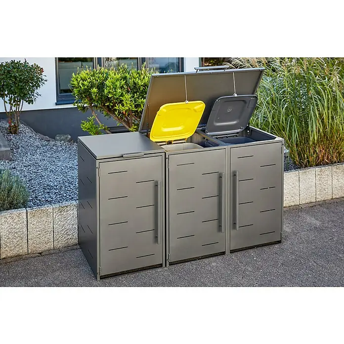 Sunfun Mülltonnenbox - Anthrazit, Stahl, Geeignet für Anzahl Mülltonnen: 2 Stk. - Mülltonnenbox mit geöffnetem Deckel, ideal für die Mülltrennung im Außenbereich. Praktische Lösung für eine ordentliche Müllentsorgung.