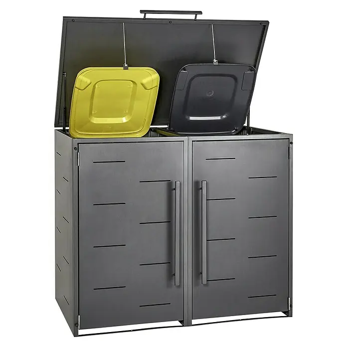 Sunfun Mülltonnenbox - Anthrazit, Stahl, Geeignet für Anzahl Mülltonnen: 2 Stk. - Grauer, doppelter Mülltonnenbox mit geöffnetem Deckel, der gelbe und graue Innendeckel zeigt.