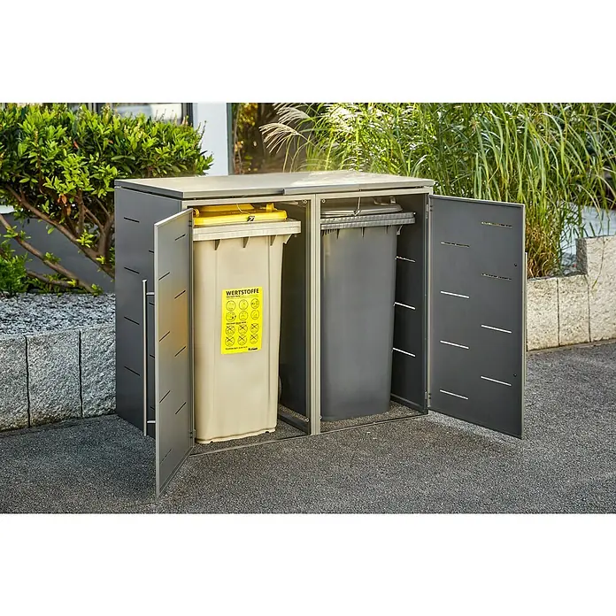Sunfun Mülltonnenbox - Anthrazit, Stahl, Geeignet für Anzahl Mülltonnen: 2 Stk. - Eine graue Mülltonnenbox mit zwei Mülltonnen darin, eine gelbe und eine graue, mit geöffneten Türen.